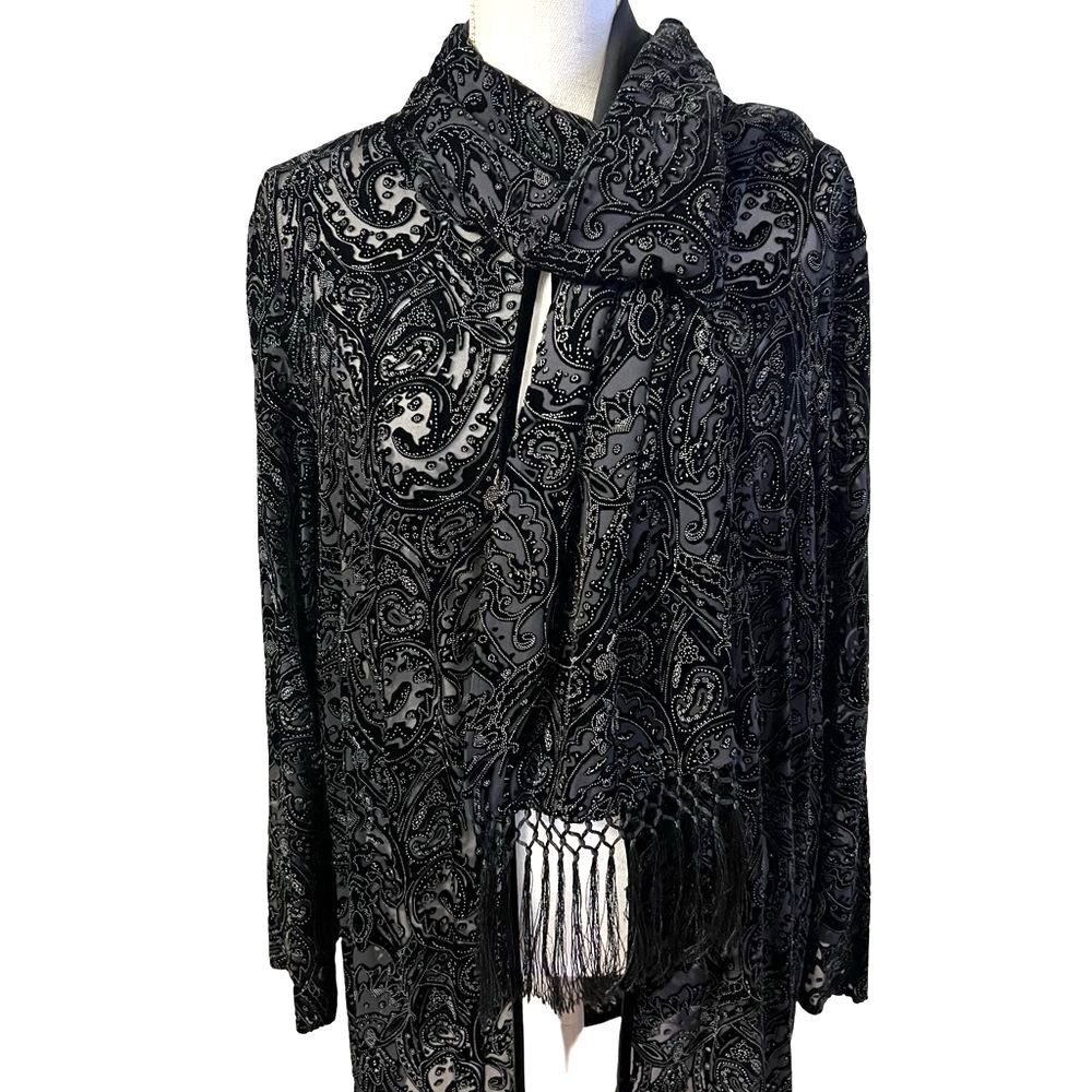 August Max Womens Black Velvet Burnout Cardigan Sz 1X Scarf Boho Gothic Evening - Picture 3 of 11